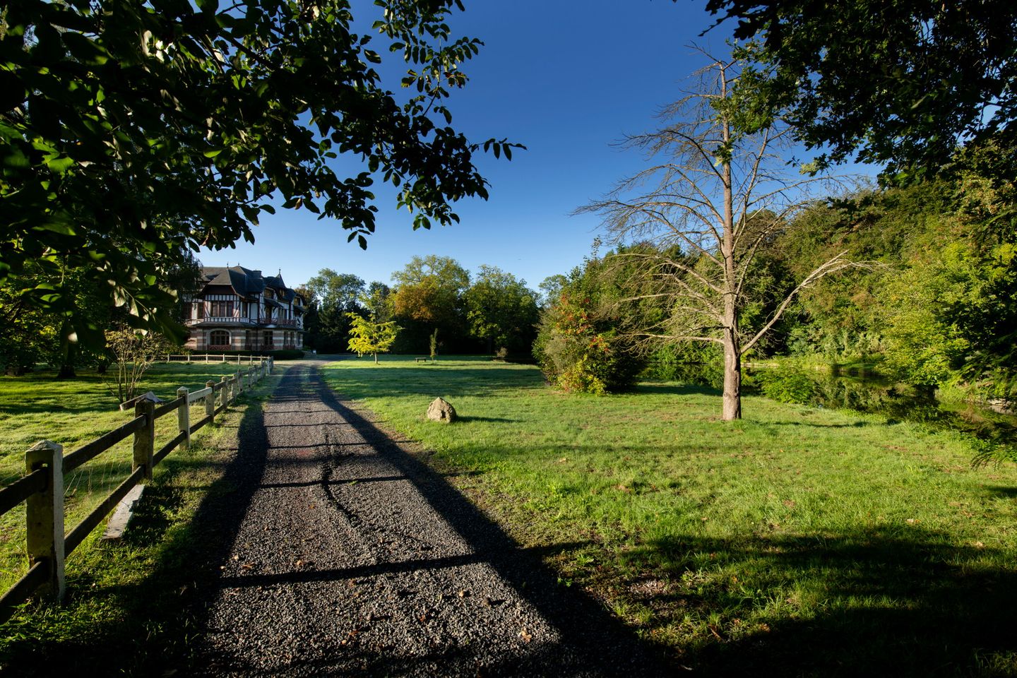 Domaine de la Nèle — a fenced gravel lane through the park towards the château